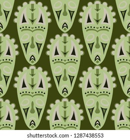 Seamless Background. Tribal Seamless Pattern with Color Masks for Print or Card. Ethnic Seamless Background with Color Trible Ritual Masks for your Design. Vector Texture.