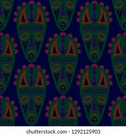 Seamless Background. Tribal Seamless Pattern with Color Masks for Card or Poster. Ethnic Seamless Background with Color Trible Ritual Masks for your Design. Vector Texture.