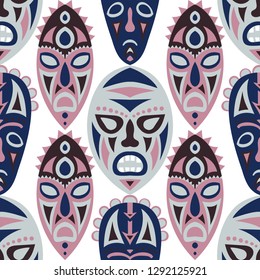 Seamless Background. Tribal Seamless Pattern with Color Masks for Card or Poster. Ethnic Seamless Pattern with Color Trible Shamanic Masks for your Design. Vector Texture.