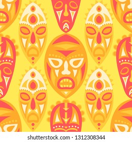 Seamless Background. Tribal Seamless Pattern with Color Masks for Textile or Paper. Ethnic Seamless Background with Color Trible Ritual Masks for your Design. Vector Texture.