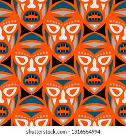 Seamless Background. Tribal Seamless Pattern with Color Masks for Print or Card. Ethnic Seamless Pattern with Color Trible Shamanic Masks for your Design. Vector Texture.