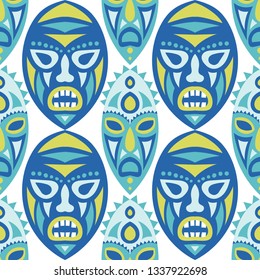 Seamless Background. Tribal Seamless Pattern with Color Masks for Card or Poster. Ethnic Seamless Background with Color Trible Ritual Masks for your Design. Vector Texture.