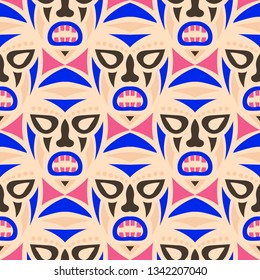 Seamless Background. Tribal Seamless Pattern with Color Masks for Poster or Banner. Ethnic Seamless Pattern with Color Trible Shamanic Masks for your Design. Vector Texture.