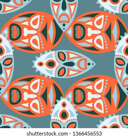 Seamless Background. Tribal Seamless Pattern with Color Masks for Card or Poster. Ethnic Seamless Background with Color Trible Ritual Masks for your Design. Vector Texture.