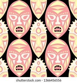 Seamless Background. Tribal Seamless Pattern with Color Masks for Card or Poster. Ethnic Seamless Pattern with Color Trible Shamanic Masks for your Design. Vector Texture.