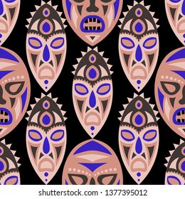 Seamless Background. Tribal Seamless Pattern with Color Masks for Textile or Paper. Ethnic Seamless Pattern with Color Trible Shamanic Masks for your Design. Vector Texture.