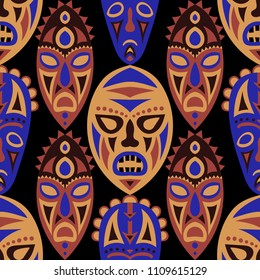Seamless Background. Tribal Seamless Background with Ritual Masks for Print or Card. Ethnic Seamless Background with Color Trible Ritual Masks for your Design. Vector Texture.