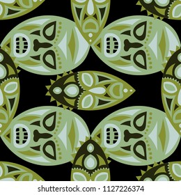 Seamless Background. Tribal Seamless Background with Ritual Masks for Textile or Paper. Ethnic Seamless Pattern with Color Trible Shamanic Masks for your Design. Vector Texture.