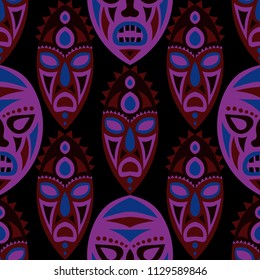 Seamless Background. Tribal Seamless Background with Ritual Masks for Textile or Paper. Ethnic Seamless Pattern with Color Trible Shamanic Masks for your Design. Vector Texture.