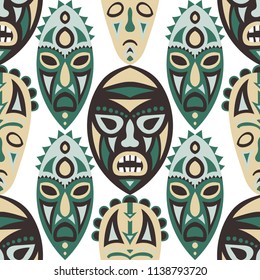 Seamless Background. Tribal Seamless Background with Ritual Masks for Print or Card. Ethnic Seamless Background with Color Trible Ritual Masks for your Design. Vector Texture.