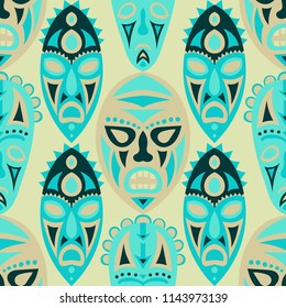 Seamless Background. Tribal Seamless Background with Ritual Masks for Print or Card. Ethnic Seamless Pattern with Color Trible Shamanic Masks for your Design. Vector Texture.
