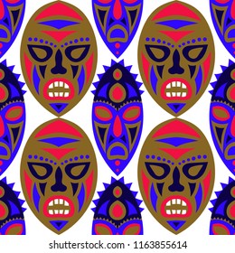 Seamless Background. Tribal Seamless Background with Ritual Masks for Print or Card. Ethnic Seamless Background with Color Trible Ritual Masks for your Design. Vector Texture.
