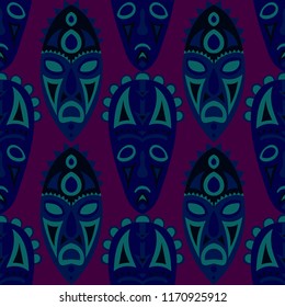 Seamless Background. Tribal Seamless Background with Ritual Masks for Print or Card. Ethnic Seamless Background with Color Trible Ritual Masks for your Design. Vector Texture.