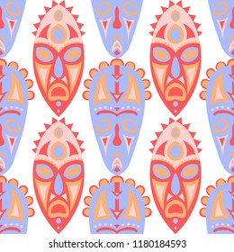 Seamless Background. Tribal Seamless Background with Ritual Masks for Print or Card. Ethnic Seamless Background with Color Trible Ritual Masks for your Design. Vector Texture.