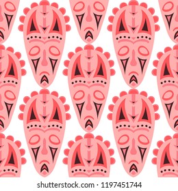 Seamless Background. Tribal Seamless Background with Ritual Masks for Poster or Banner. Ethnic Seamless Background with Color Trible Ritual Masks for your Design. Vector Texture.
