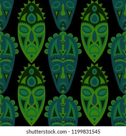 Seamless Background. Tribal Seamless Background with Ritual Masks for Poster or Banner. Ethnic Seamless Pattern with Color Trible Shamanic Masks for your Design. Vector Texture.