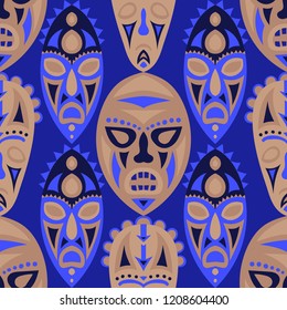 Seamless Background. Tribal Seamless Background with Ritual Masks for Textile or Paper. Ethnic Seamless Pattern with Color Trible Shamanic Masks for your Design. Vector Texture.
