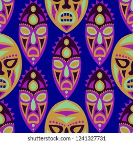 Seamless Background. Tribal Seamless Background with Ritual Masks for Textile or Paper. Ethnic Seamless Background with Color Tribal Ritual Masks for your Design. Vector Texture.