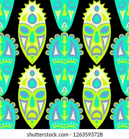 Seamless Background. Tribal Seamless Background with Ritual Masks for Card or Poster. Ethnic Seamless Background with Color Trible Ritual Masks for your Design. Vector Texture.
