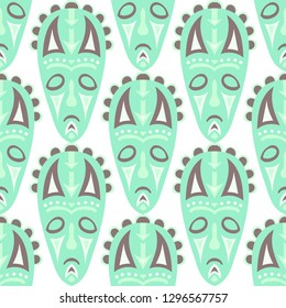 Seamless Background. Tribal Seamless Background with Ritual Masks for Print or Card. Ethnic Seamless Pattern with Color Trible Shamanic Masks for your Design. Vector Texture.