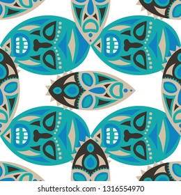 Seamless Background. Tribal Seamless Background with Ritual Masks for Poster or Banner. Ethnic Seamless Pattern with Color Trible Shamanic Masks for your Design. Vector Texture.