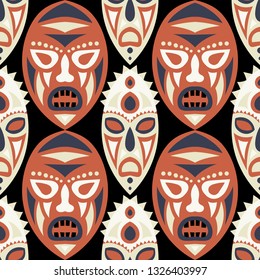 Seamless Background. Tribal Seamless Background with Ritual Masks for Poster or Banner. Ethnic Seamless Pattern with Color Trible Shamanic Masks for your Design. Vector Texture.