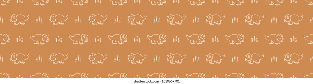 Seamless background triceratops dino gender neutral baby border pattern. Simple whimsical minimal earthy 2 tone color. Kids nursery decor edging fashion ribbon trim.