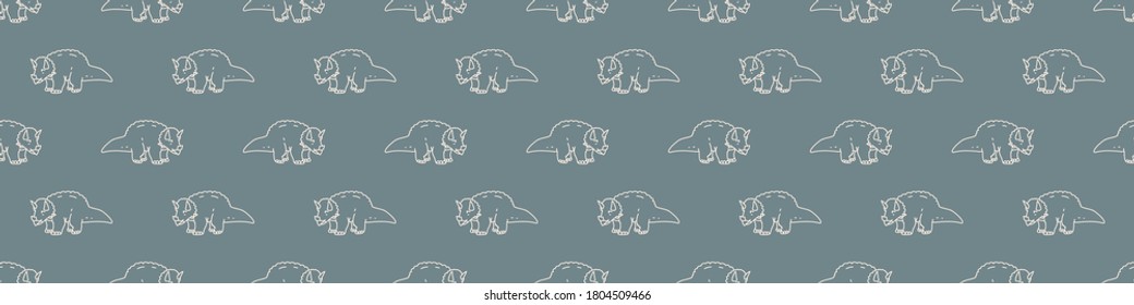 Seamless background triceratops dinosaur gender neutral baby border pattern. Simple whimsical minimal earthy 2 tone color. Kids nursery decor edging fashion ribbon trim.