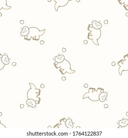Seamless background Triceratops with footprint dinosaur gender neutral baby pattern. Simple whimsical minimal earthy 2 tone color. Kids nursery wallpaper or boho cartoon animal fashion all over print.