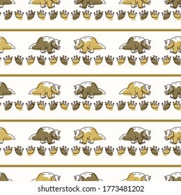 Seamless background Triceratops with footprint dinosaur gender neutral baby pattern. Simple whimsical minimal earthy 2 tone color. Kids nursery wallpaper or boho cartoon animal fashion all over print.