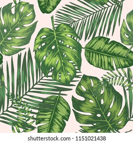 Seamless background with tropic leaves, colorful background