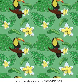 Seamless background with tropical birds and tropical plants. Toucan on a branch. Green monstera leaves.