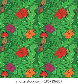 Seamless background with tropical birds and tropical plants. A fly-eating bird with a red tuft. Acacia flowers. Stock illustration.