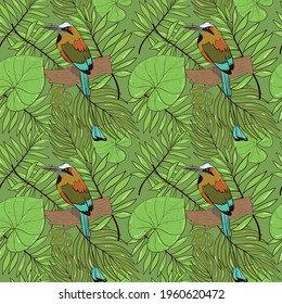 Seamless background with tropical birds and tropical plants. Brown momot bird. Stock illustration.