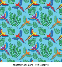 Seamless background with tropical birds and tropical plants. Tropical parrots. Palm leaves. Stock illustration.