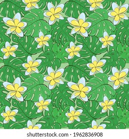 Seamless background with tropical birds and tropical plants. Plumeria flowers. The symbol of Thailand. Stock illustration.