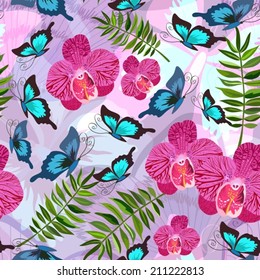 Seamless background with tropical butterflies
