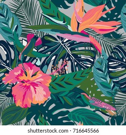 seamless background with tropical flowers and birds