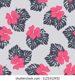 Seamless background with tropical flowers isolated.
