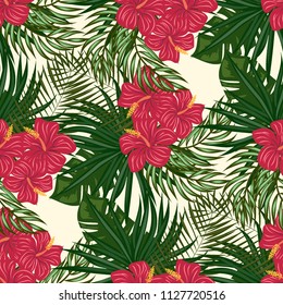 Seamless background with tropical flowers isolated.