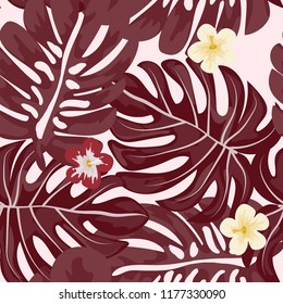 Seamless background with tropical flowers isolated.