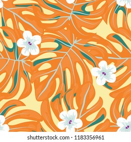 Seamless background with tropical flowers isolated.