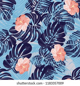 Seamless background with tropical flowers isolated.