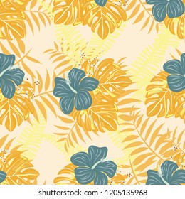 Seamless background with tropical flowers isolated.