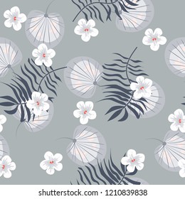 Seamless background with tropical flowers isolated.