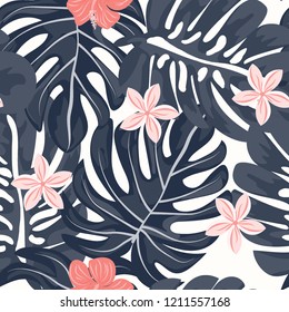 Seamless background with tropical flowers isolated.