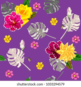 Seamless background with tropical flowers and leaves. Design for cloth, wallpaper, gift wrapping. Print for silk, calico and home textiles.Vintage natural pattern