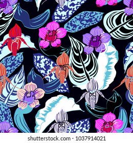 Seamless background with tropical flowers and leaves