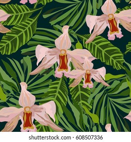 Seamless background with tropical flowers and leaves
