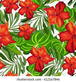 Seamless background with tropical flowers and leaves